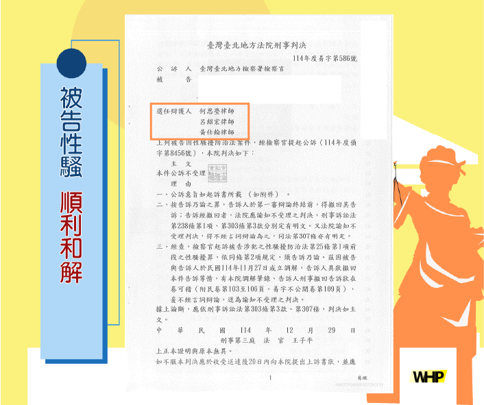 德益實務案例 性騷擾防治法案件 達成和解